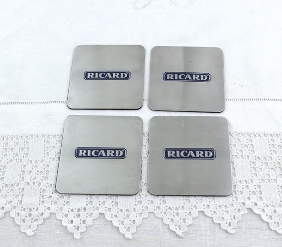 Set of 4 Vintage French Square Brushed Metal Ricard Drinks Coasters, Retro Barware from Cote D'azur South of France Pastis 51 Anis Aperitif