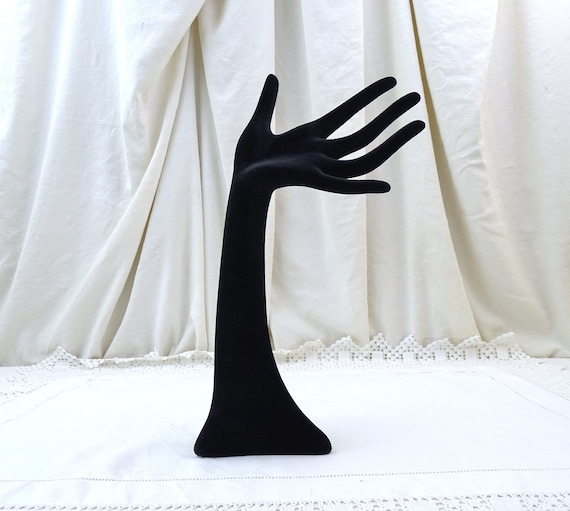 Vintage Mid Century 1960s Black Velvetine Shop Display Jewelry Hand, Retro 1960s Curio Life Size Ring Holder, Elegant window Dressing France