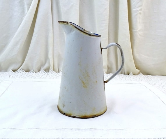 Vintage French White Chippy Metal Enamelware Water Pitcher, Retro Porcelain Enamel Jug from France, Country Farmhouse Kitchen Decor