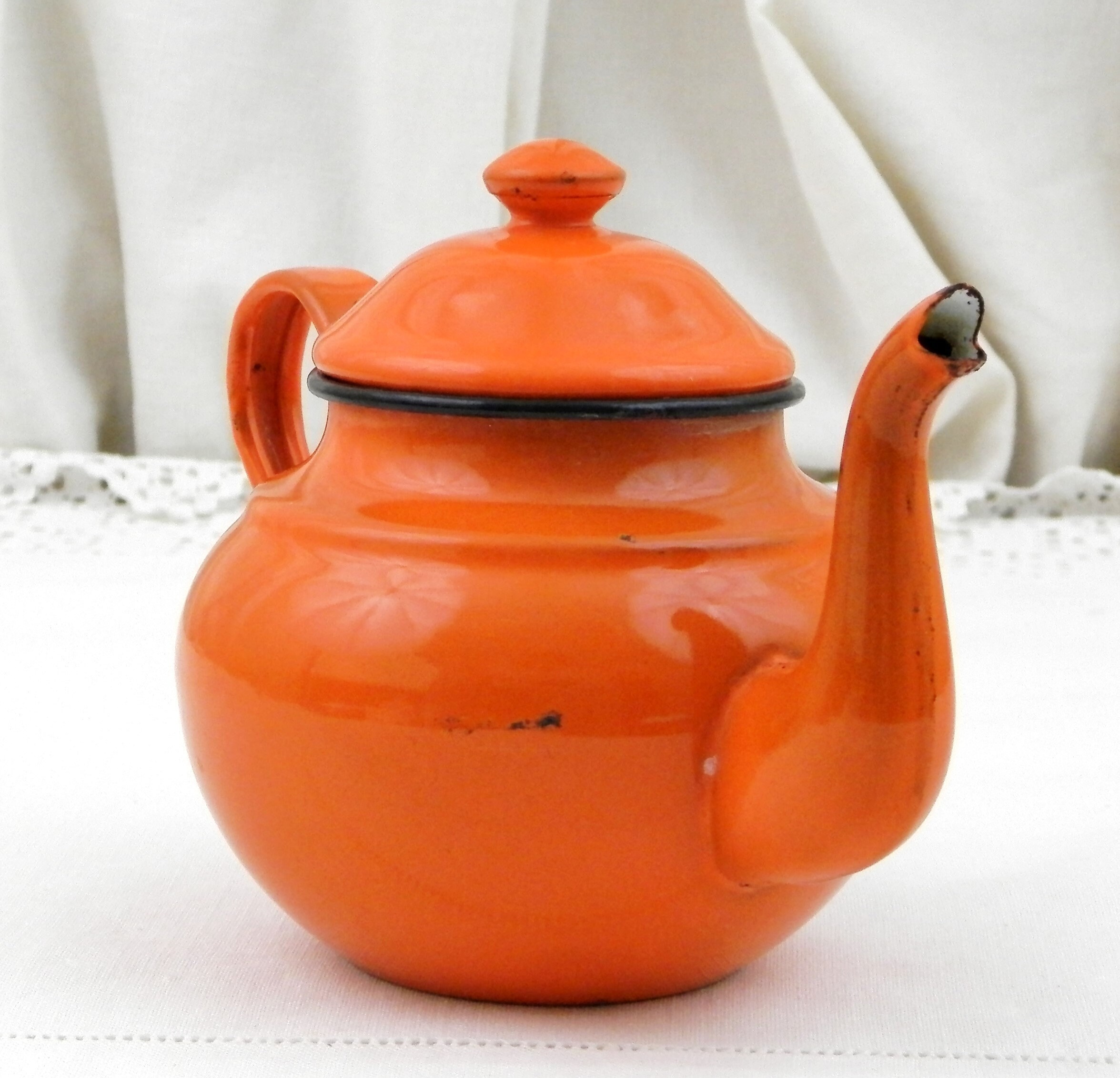 Small 1960s Vintage Bright Orange Enamel Tea Pot with Goose Neck Spout