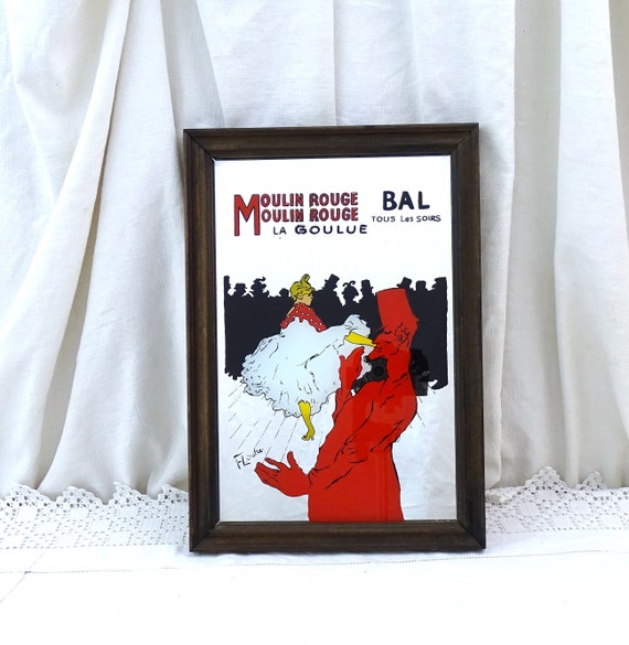 Vintage French Framed Printed Wall Mirror with Image by Toulouse Lautrec, Antique Painting of Parisian Music Hall with Cancan Dancers Paris