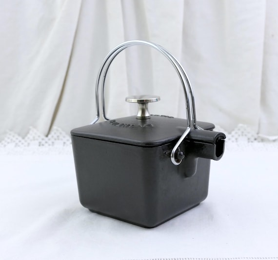 Vintage French Square Enameled Black Cast Iron Teapot by Staub, Retro Enamelware Metal La Théière made in France, Designer Tea Party