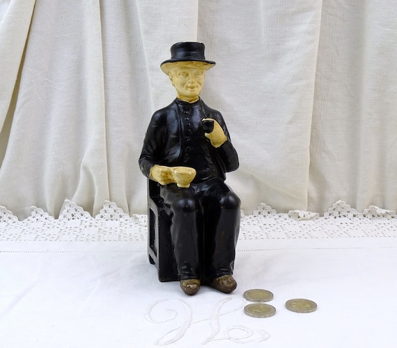 Vintage French Old Man Shaped Painted Plaster of Paris Money Coin Bank made by A Biagioni from Tours, Retro Bird Piggy Cash Bank from France