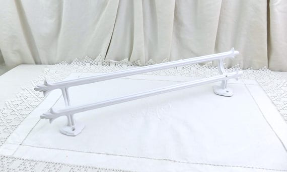 Large Double French Vintage White Porcelain Enameled Bathroom Towel Rack, Retro Shabby Chateau Chic Bathroom Accessory from France