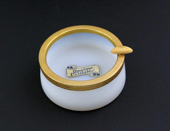 Vintage Mid Century White Milk Glass Ashtray with Gold Tone Metal Banding, Retro 1960s Opaline Smoking Accessory from France, Ring Dish