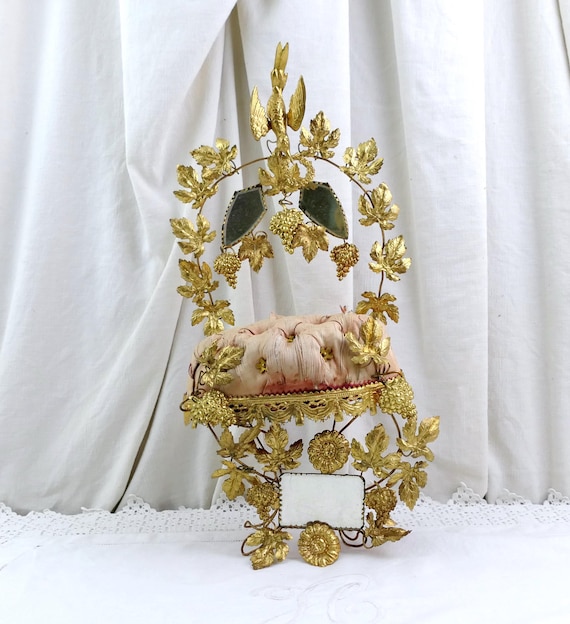 Antique French Omalu Wedding Glass Dome Interior Mirrored with Worn Silk Cushion, Vintage Chateau Chic Shabby Mirror Marriage  Decoration