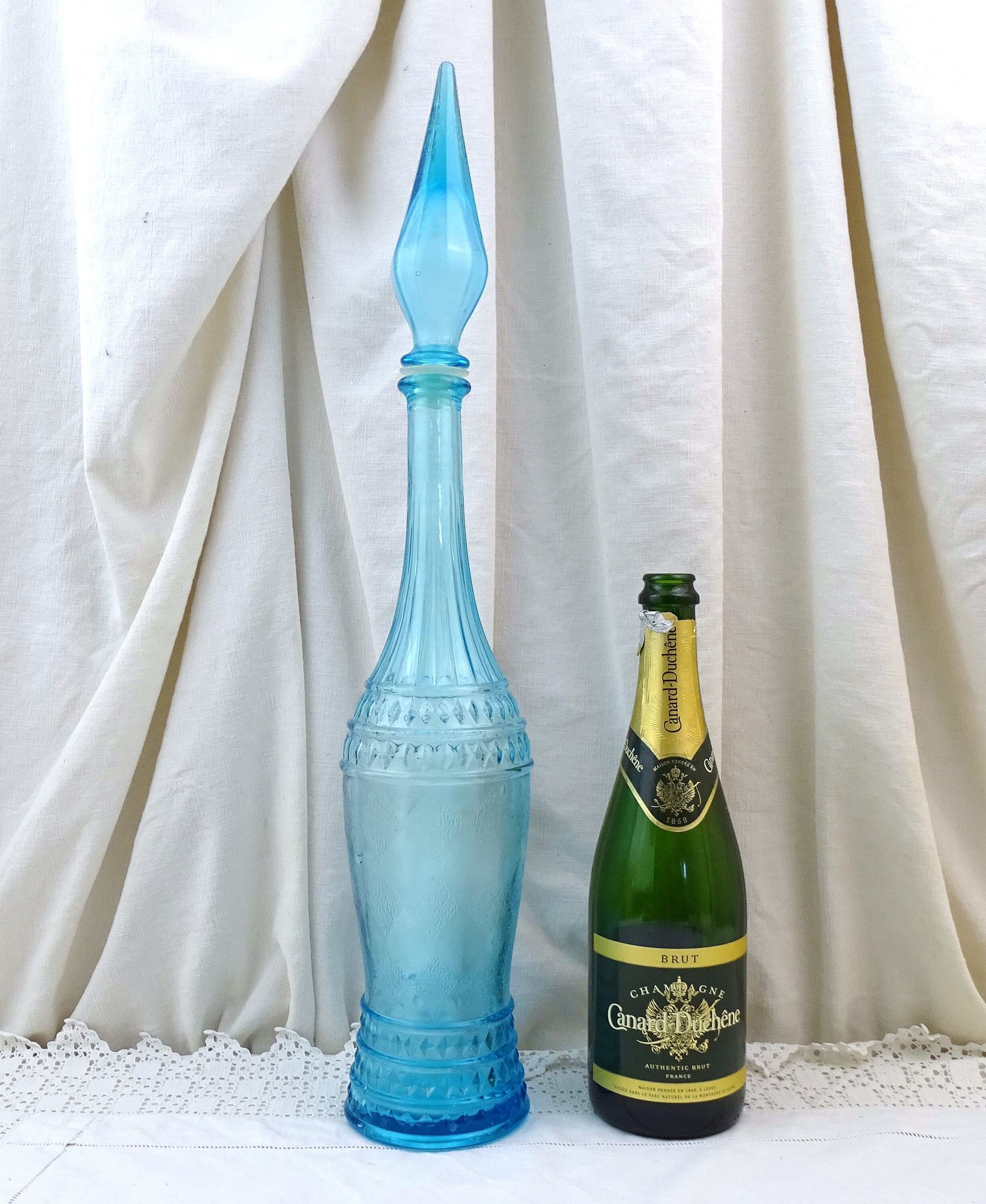 Large Tall Vintage Italian Empoli Style Mid Century 1960s Blue Glass