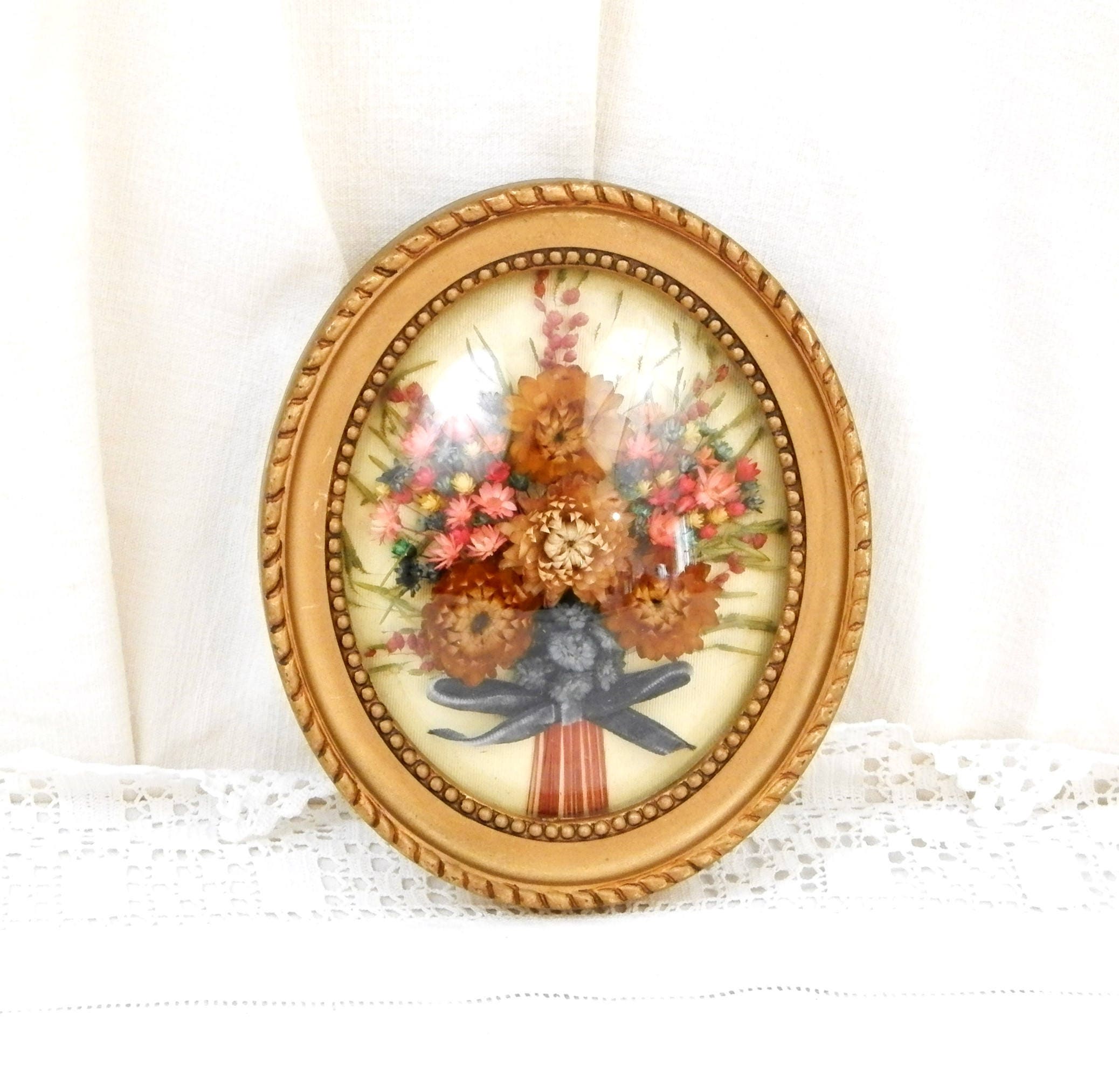 Vintage Oval Domed Glass Picture Frame with Dried Flower Composition