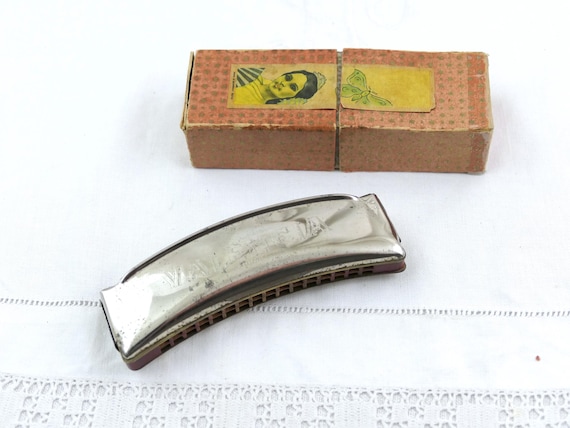 Vintage German Valencia Harmonica with Original Box in Working Order, Retro Mouth Organ Instrument from Europe, Old Style Acoustic Music