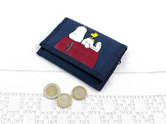 Vintage Snoopy Wallet Peanuts Woodstock Coin Purse in Navy Blue Nylon Textile, Retro Folding Pouch Cartoon Character Collectible Gift