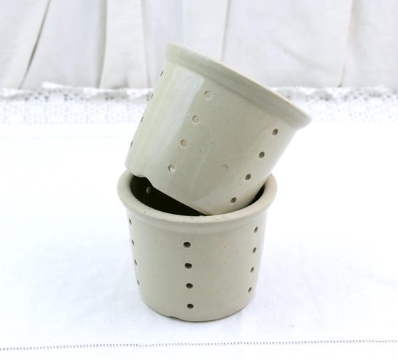 1 French Antique Faisselle Cheese Strainer Mold in Off White Glazed Pottery, Vintage Farmhouse Cottage Kitchen Accessory from Rural France