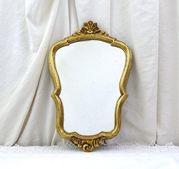 Small French Vintage Mid Century Gold Gilt Famed Wall Mirror, Retro 1960s Gilded Golden Wooden Frame with Mirror, Chateau Chic Decor France