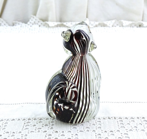 Vintage Art Glass Black and White Handmade Murano Style Cat Figurine, Retro Artisan Glassware Animal Sculpture with Stripes, Feline Themed