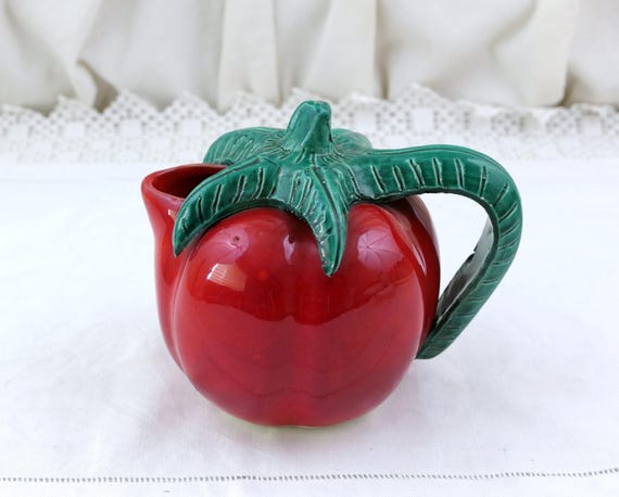 Vintage Mid Century Vallauris Ceramic Red Tomato Pitcher, 1960s Veg Fruit Pottery Jug with Leaf Handle, Novelty Kitchen Decor Tableware