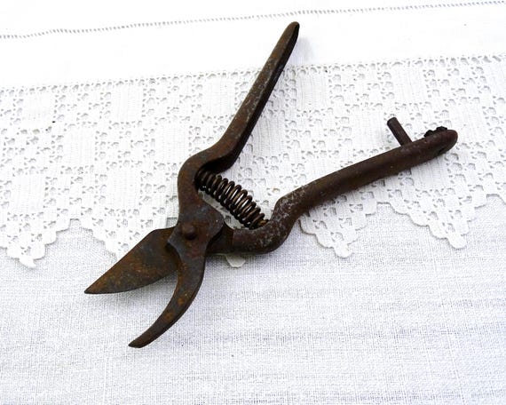 Antique French Iron Gardening Secateurs with Spring, Vintage Old Style Pruning Shears from France, Grape Wine Producing Harvesting Tool