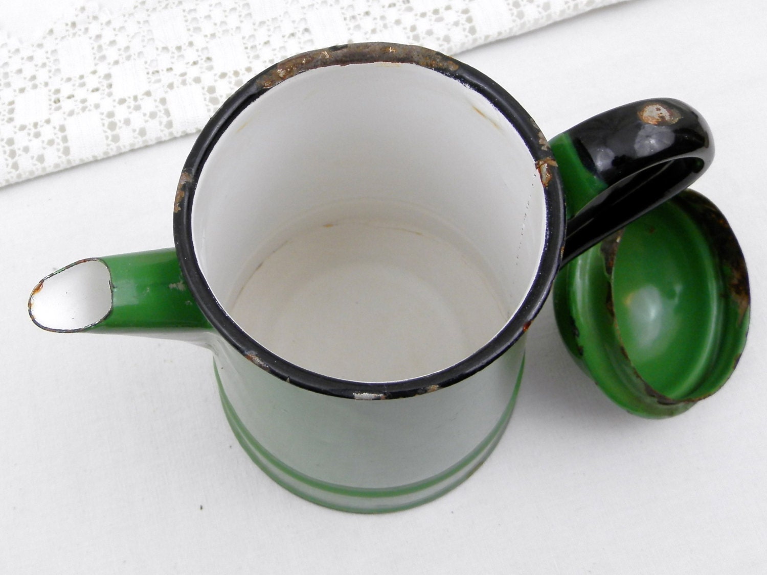 Vintage Green Enamelware Coffee Pot from France, Country Farmhouse