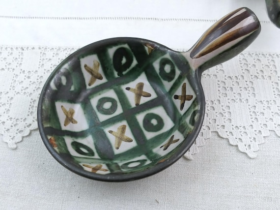 Signed Robert Picault Vallauris Petit Poêlon, Vintage French Art Pottery, Mid Century Ceramic Handled Bowl, Geometric Decor