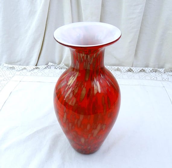 Large Vintage Italian Cased Red Glass Vase with Aventurine Pattern, Retro Big Flower Vase with Gold Powder Decorations, Murano Glassware
