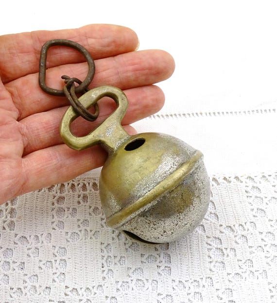 Antique French Large Silver Plated Brass Farm Horse Bell, Retro Round Metal Sleigh Bell from France, Vintage Collectible Chime, Jingle Bell