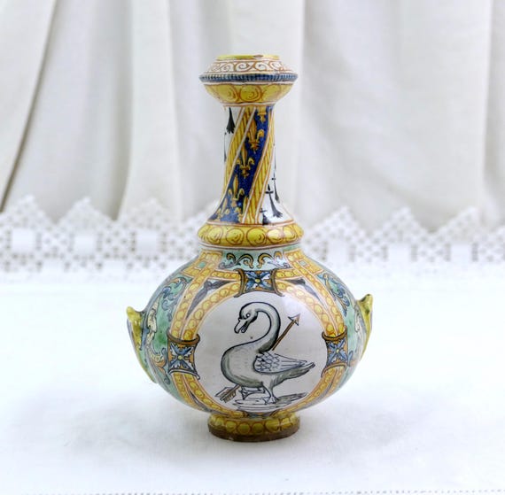 Small Antique French Blois Ulysse Bruneau Balon Handpainted Vase with Swan and Royal Design Pattern, Retro Loire Valley Faïence China 1800s