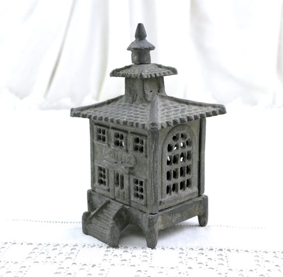 Antique French Cast Metal Piggy Bank Shaped as City Bank Building, Collectible Money Box made of Aluminum, Cash Safe Building from France