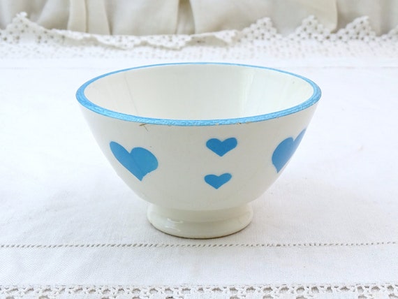 Small Antique French Cafe au Lait Bowl with Blue Heart Pattern, Vintage Footed Coffee Bowl from France, Curio Rare Amour Love Kitchen Decor