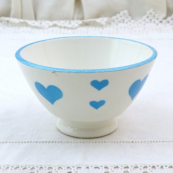 Small Antique French Cafe au Lait Bowl with Blue Heart Pattern, Vintage Footed Coffee Bowl from France, Curio Rare Amour Love Kitchen Decor