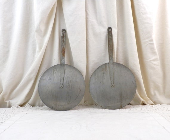 2 Antique French Tin Lined Iron Round Pan Lids with Handles No 22,  Cooking Accessory from France, Vintage Country Farmhouse Kitchen Decor