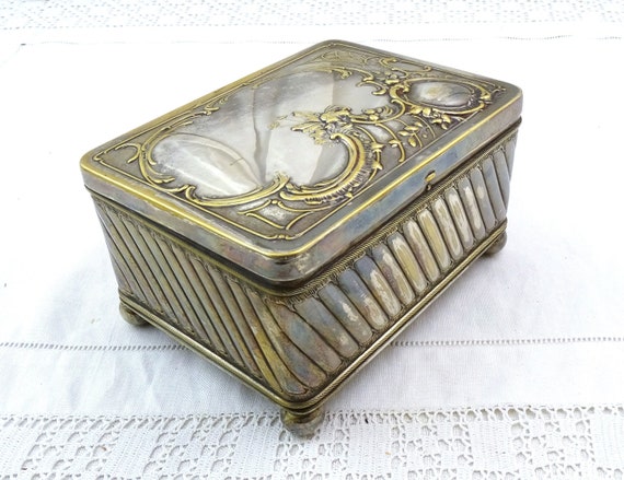 Vintage French Silver Plated Tin Box with Embossed Ornate victorian Style Pattern, Retro Classical Style Metal Jewelry Container from France