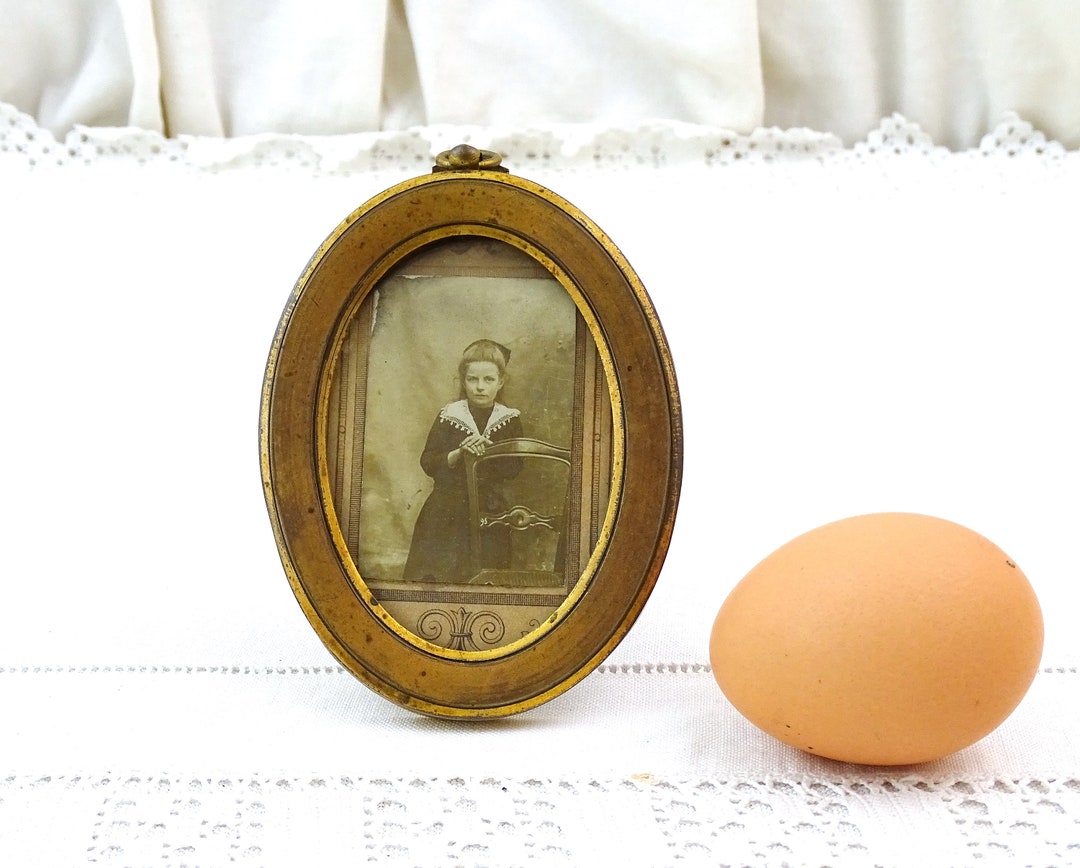 Small French Antique Oval Brass Picture Frame With Sepia Photograph of