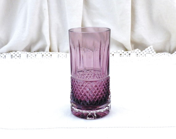 Vintage Mid Century Modern Amethyst Glassware Cut Crystal Vase with Clear Base, Retro 1960s 1950s Purple Colored Glass Drinking Tumbler