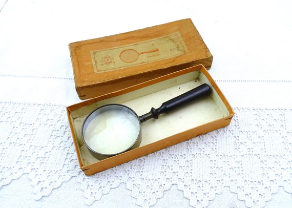 Antique French Victorian Magnifying Glass with Wooden Handle and Original Box, Vintage Boxed Spy Glass from France, Flea Market Curio