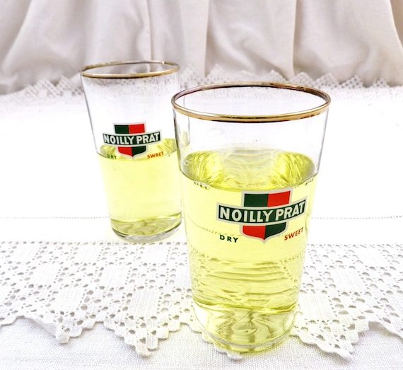 Pair French Vintage Noilly Prat Aperitif Drinking Glasses with Logo and Gold Band, 2 Clear Glass Tumblers from France, Collectible Beakers