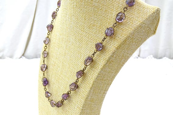 Vintage 1980s Chain Necklace of Amethyst Polished Nuggets in Twisted Wire Cages, Retro Semi Precious Stone Necklace, Boho Natural Jewelry