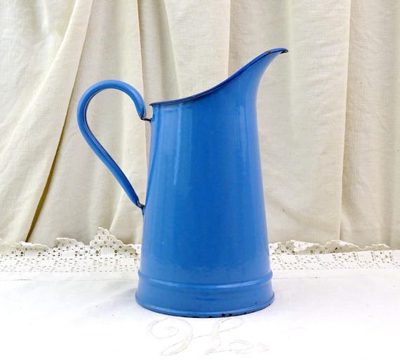 Antique French Blue Enamelware Pitcher in Good Condition, Retro Enameled Metal Jug, Uncycled Flower Vase, Enamel Country Home Kitchen Decor