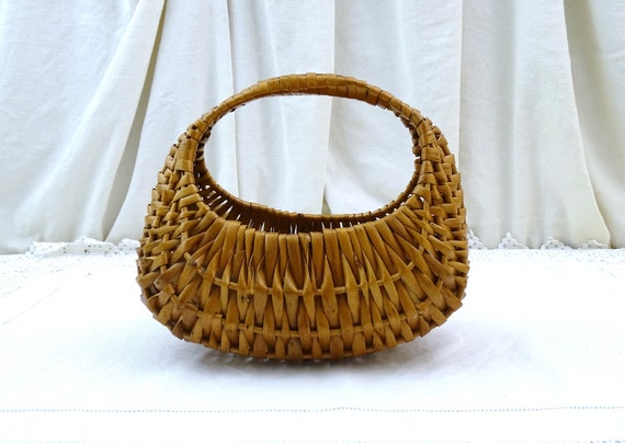 Small Vintage French Mid Century Woven Basket, Retro Child's Toy Basket, Little Handmade Wooden Handbag from France, Rustic Country Fashion