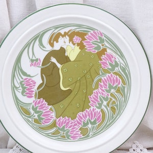Antik fransk jugend keramiktallrik med 2 kyssande älskare av Keller & Guérin Lunéville, Vintage Jugendstil Mucha Style Embracing Couple bild 6