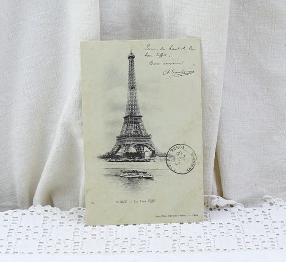 French Antique Black and White Sepia Postcard the Eiffel Tower Post Stamp from 1905, Retro Old Parisian Vacation Holiday from France