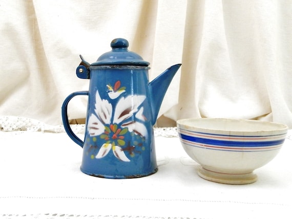 Small French Antique Hand Painted Blue Enamel Coffee Pot, Tiny Enamelware Cafetiere with Flower Pattern from France, Old Toy Metal Tea Pot