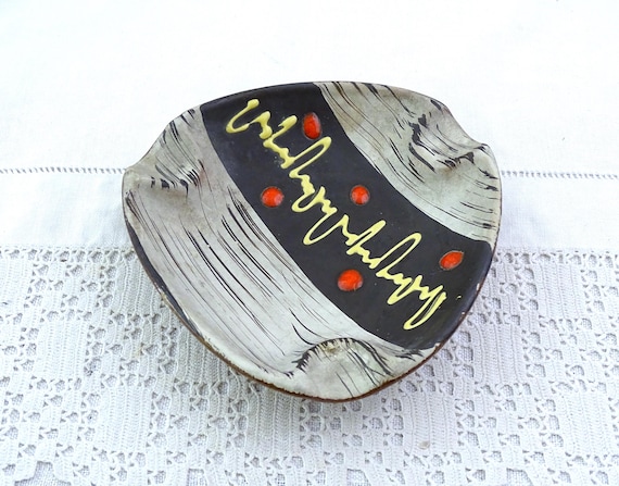 Vintage West German Mid Century Pottery Ashtray with Abstract Pattern, Retro 1960s Studio Pottery Small Trinket Dish, 70s Home Decor Germany