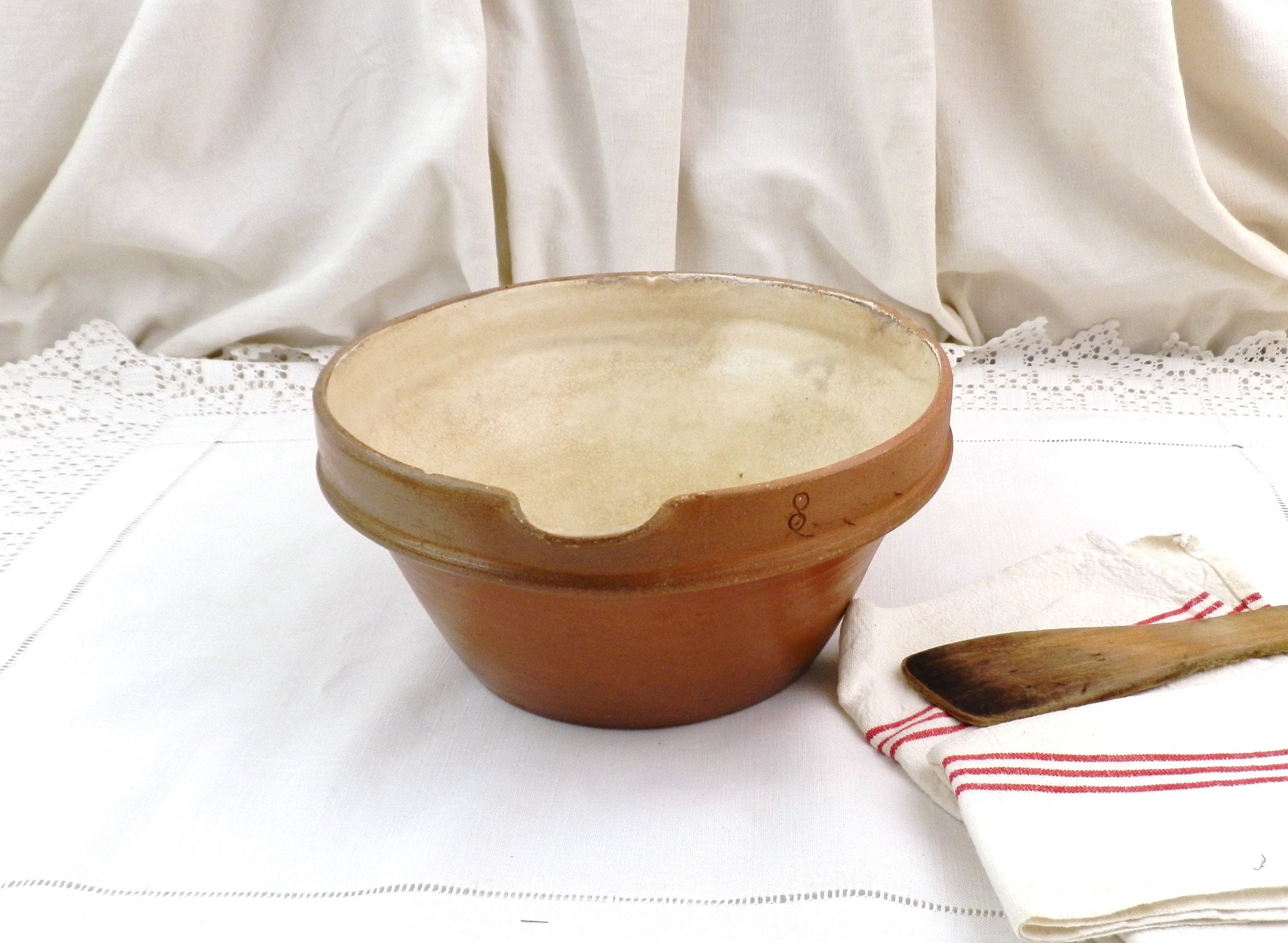 French Antique Pottery Mixing Bowl with Serving Spout, Vintage Ceramic Rustic Country Farmhouse