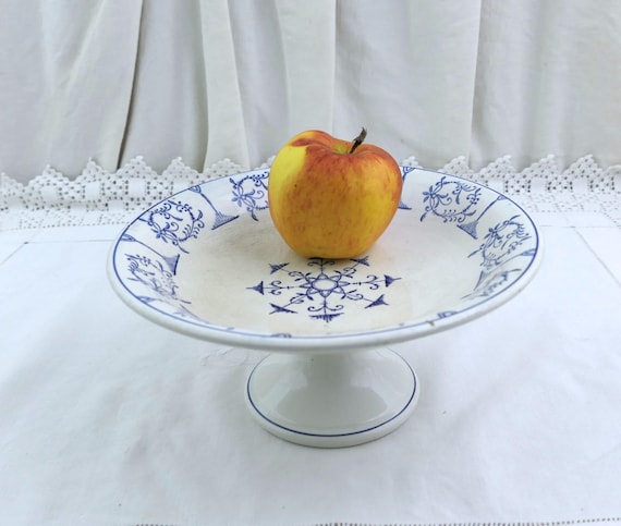 Antique French Blue and White China Compote Dish Moulin des Loups Saxe Model, Vintage Victorian Pottery Pedestal Footed Bowl Cake Stand
