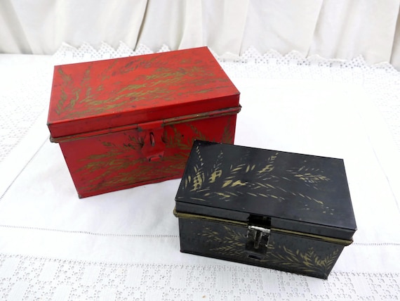 Set of 2 Antique French Lacquered Tin Metal Red and Black Storage Boxes, Vintage Napoleon III Tea Caddie Style Organization Container