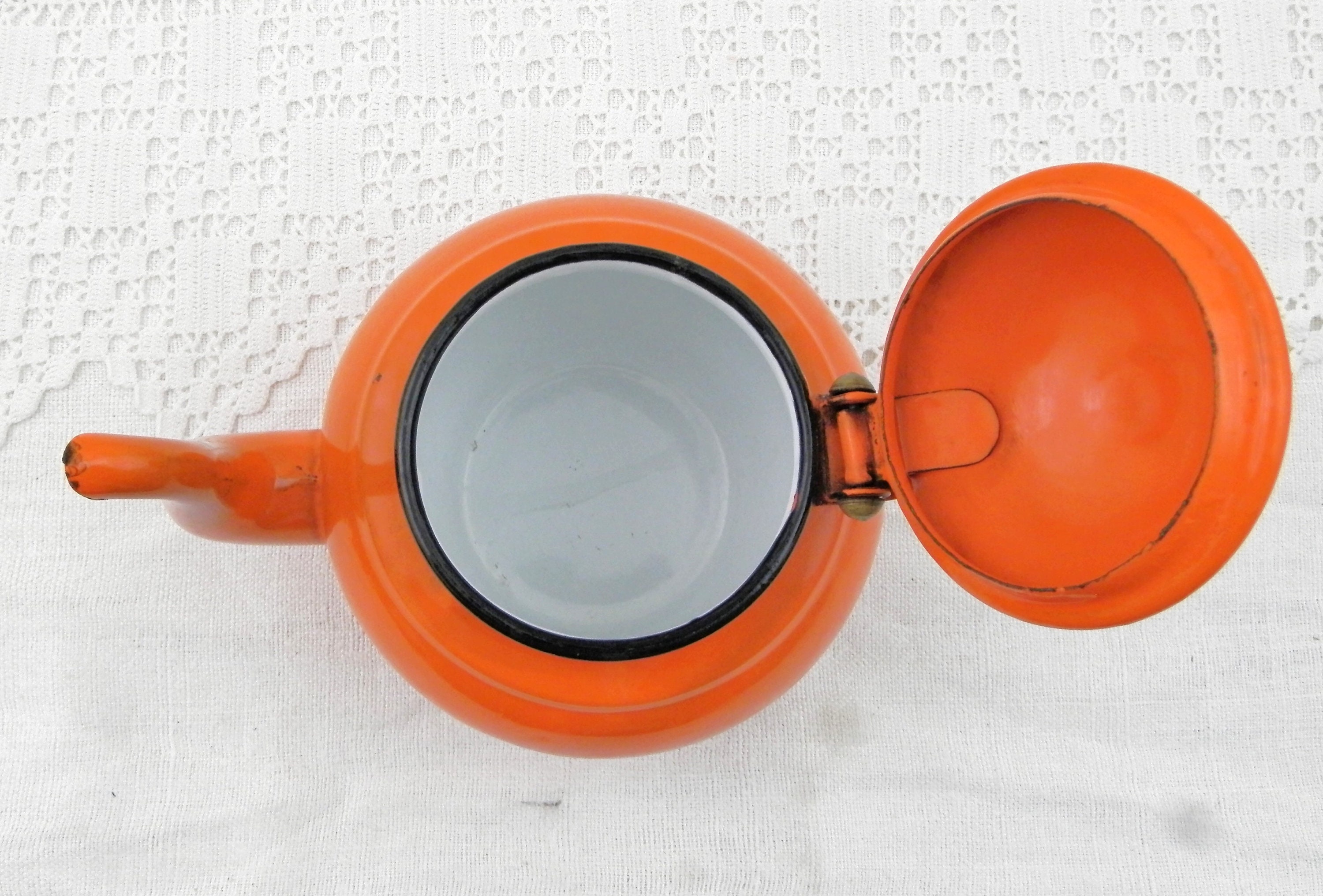 Small 1960s Vintage Bright Orange Enamel Tea Pot with Goose Neck Spout