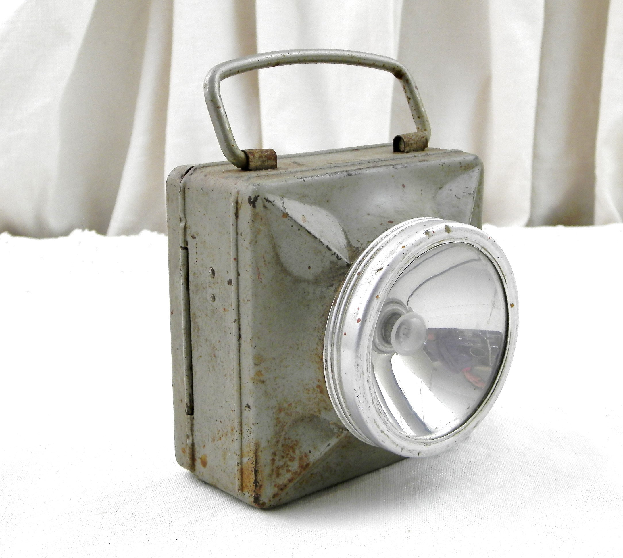 Vintage French Square Gray Metal Hand Held Flashlight By Wonder Model