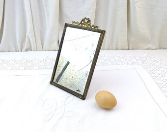 Small Antique French Free Standing Distressed Framed Mirror with Ribbon Decoration in Brass, Vintage Victorian Table Top Picture Photo Frame