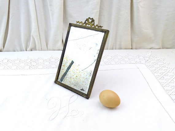 Small Antique French Free Standing Distressed Framed Mirror with Ribbon Decoration in Brass, Vintage Victorian Table Top Picture Photo Frame