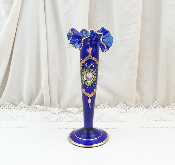 Large Vintage Bohemian Czech Cobalt Blue Glass Footed Vase with Ruffled Rim and Gold Gilt Flower Pattern, Retro Glassware Floral Accessory