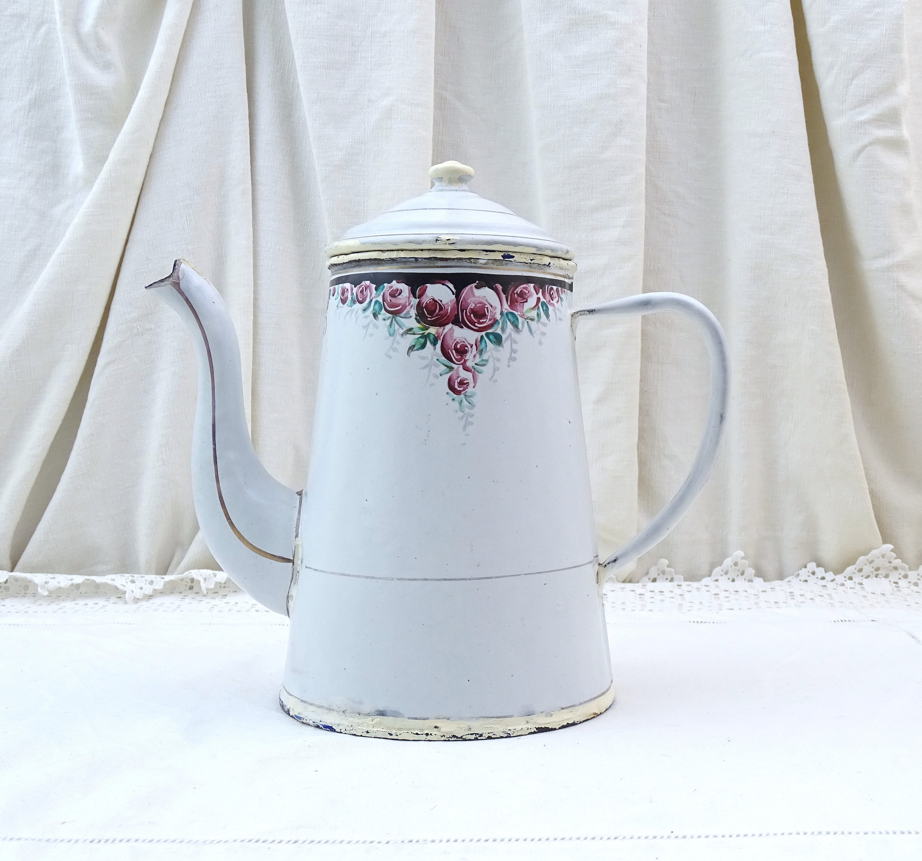 French Enamel Coffee Pot Cafetière, Vintage White Enamel With