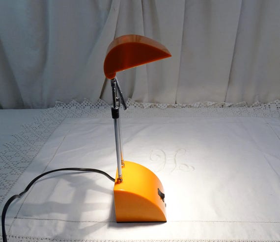Vintage 1970s -1980s Adjustable Telescopic Goose Neck Desk Lamp in Bright Orange Melamine and Chrome Metal, Retro Compact Bedside Light